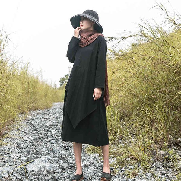 

johnature vintage women dress loose solid color full sleeve v-neck autumn clothes cotton linen woman dresses 210521, Black;gray