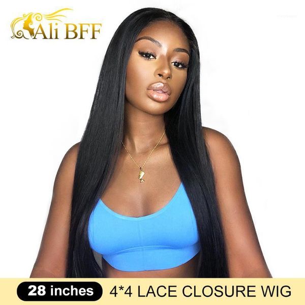 

bff 4x4 lace closure wig straight front human hair wigs preplucked brazilian frontal 180% density remy wigs1, Black;brown