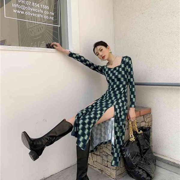 

casual dresses green black plaid split long midi sleeve tunic ladies square neck for women fashion designer 38s9, Black;gray