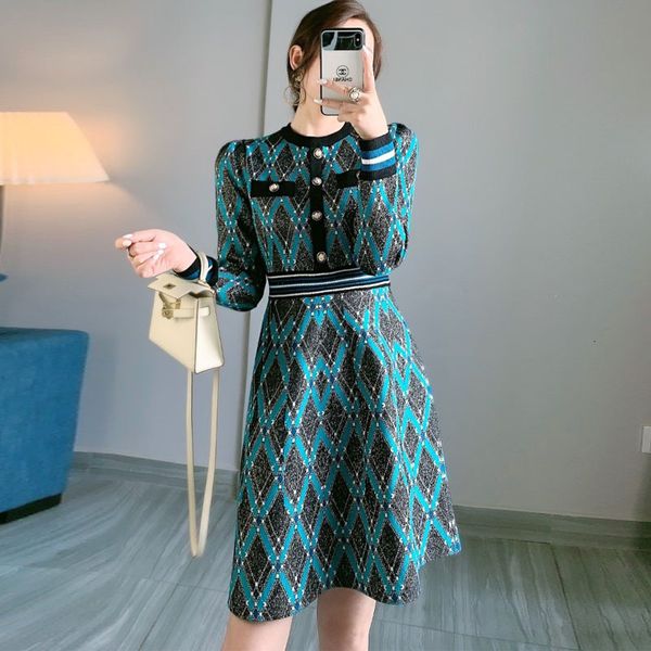 

2021 spring jacquard woman dressed in elegant mesh vintage single-breasted long sleeve line to mini dress sweater ubth, Black;gray