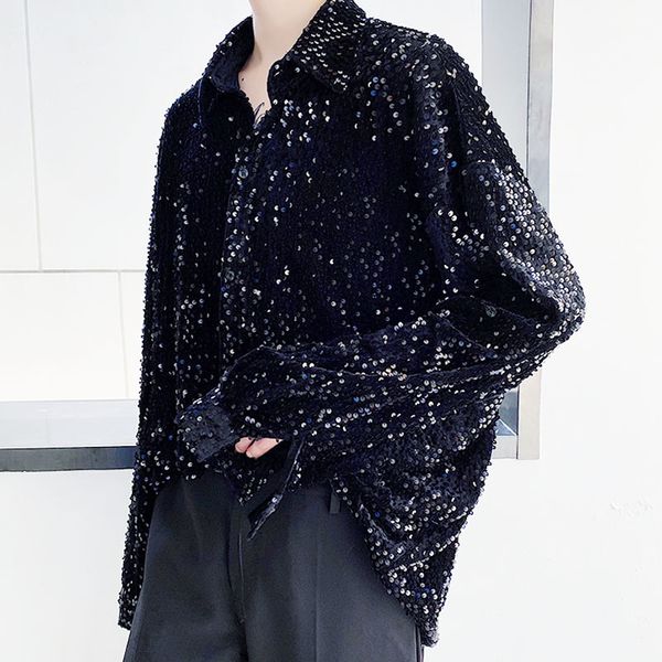 

men's casual shirts men velvet sequin bandage long sleeve male streetwear vintage loose stage show dress shirt black red 8c7i, White;black