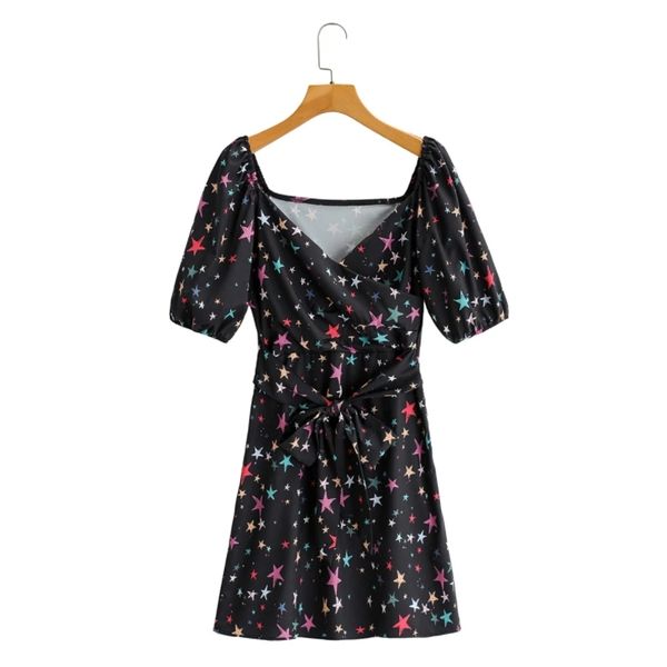 

spring women color geometric printing v neck sashes mini dress female lantern sleeve clothes lady loose vestido d7207 210430, Black;gray