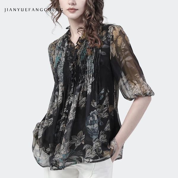 

women's blouses & shirts french style v-neck chiffon floral printed blouse 2021 summer age-reduced loose cover belly pleated half sleev, White
