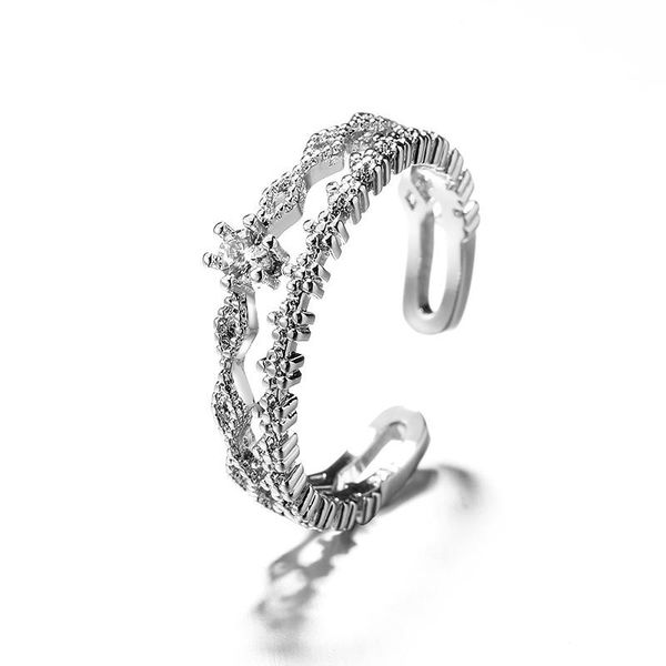 

cluster rings 925 sterling silver flower adjustable shiny zircon wedding elegant fashion double layer index finger ring jewelry for women gi, Golden;silver
