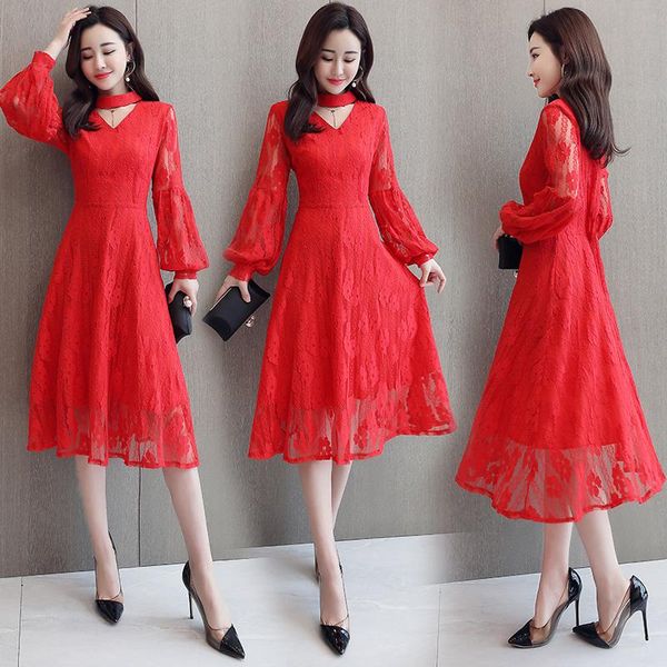 

casual dresses 2021 spring autumn women elegant lace cotton party dress long sleeve v-neck a-line, Black;gray