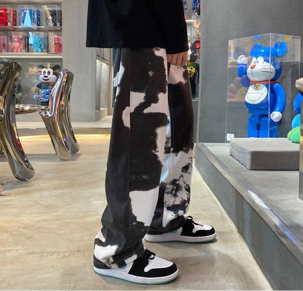 

men's pants long jeans fashion tie-dye mid-waist washed loose for boys, Black