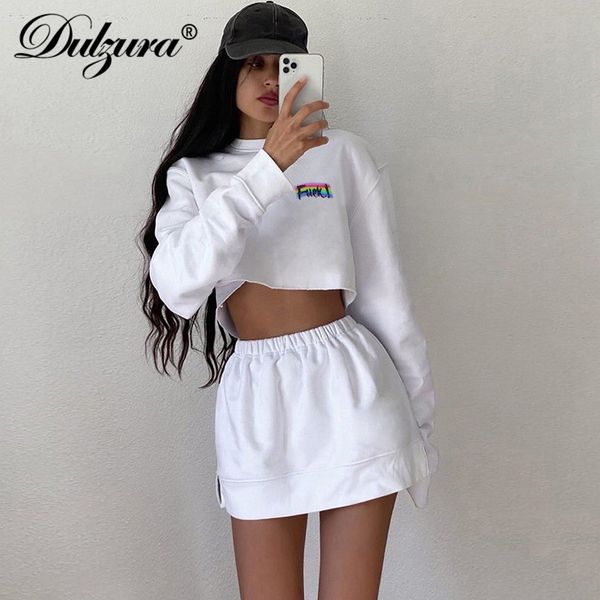 

letter print women 2 piece set crop sweatshirt mini skirt slit loose streetwear loungewear 2021 autumn winter matching, Black;white