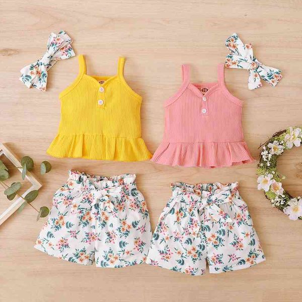 

4 newborn baby girl childrens sets infant baby girls solid suspender floral printed shorts headbands outfits clothes, White