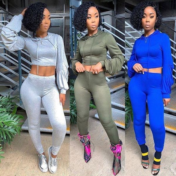 

two piece dress autumn design casual 2 pcs set o-neck women tracksuits solid hooded full sleeve long pants sweatsuits, White