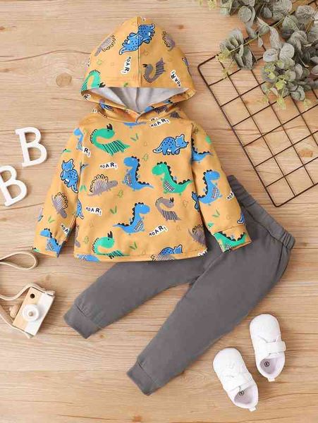 

baby letter and dinosaur print hoodie & sweatpants she, White