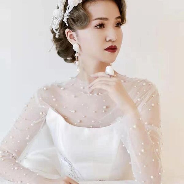 

wraps & jackets bridal wedding tulle lady elegant party shawl women victorian retro blouse romantic pearls long sleeve bolero, White