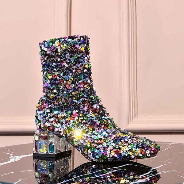 

boots us size 3.5-11.5 women's pull on ankle sequins customize color med heels crystal square toe party shoes b21, Black