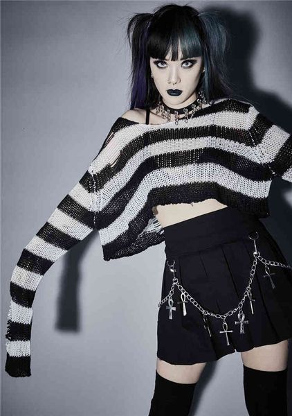 

women's blouses & shirts japanese harajuku gothic girls punk pink stripe sweater women rock hole striped loose s knitted jumpers y, White