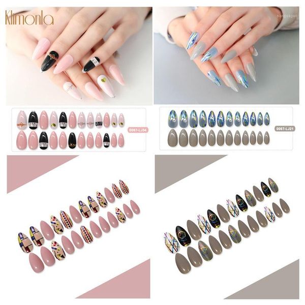 

24pcs/box fashion short full cover nails french stiletto nail art tips cool pattern designs detachable fake 20211, Red;gold