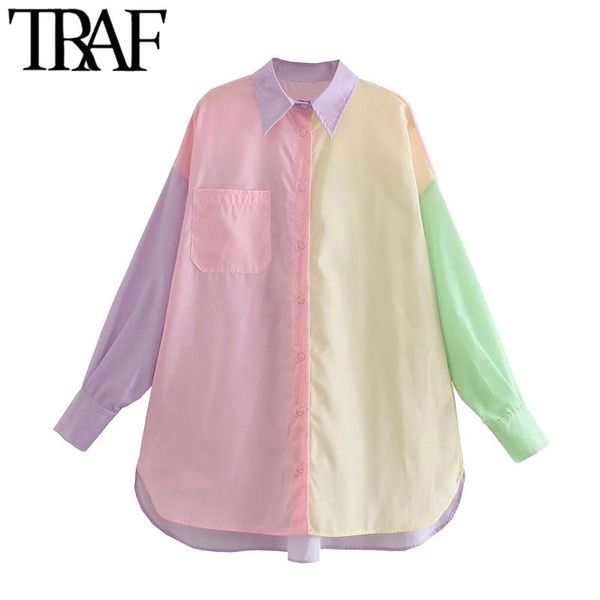 

women's blouses & shirts traf women fashion oversized color patchwork asymmetry vintage long sleeve pockets female chic, White