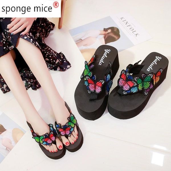 

women's fashion slippers butterfly decorate anti-slip wedge slides indoor outdoor thong platform flip-flops 2021 summer, Black
