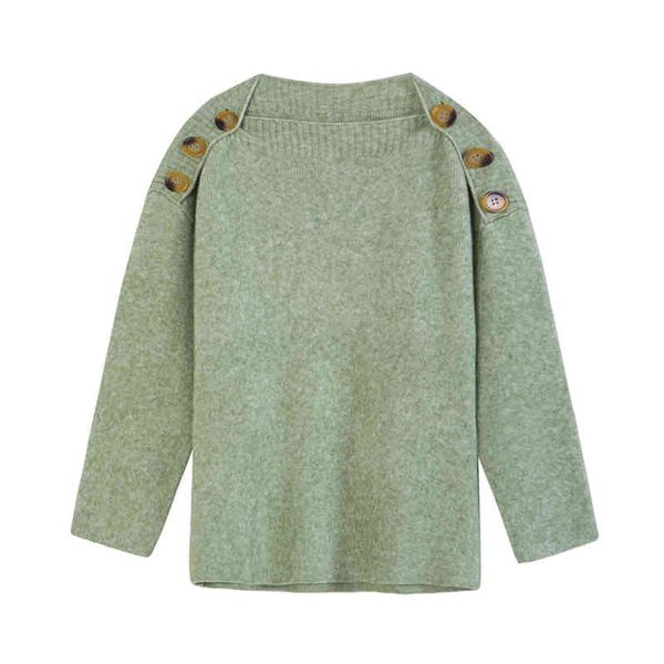 

women sweater beige green button slash neck loose solid elegant autumn m0100 210514, White;black
