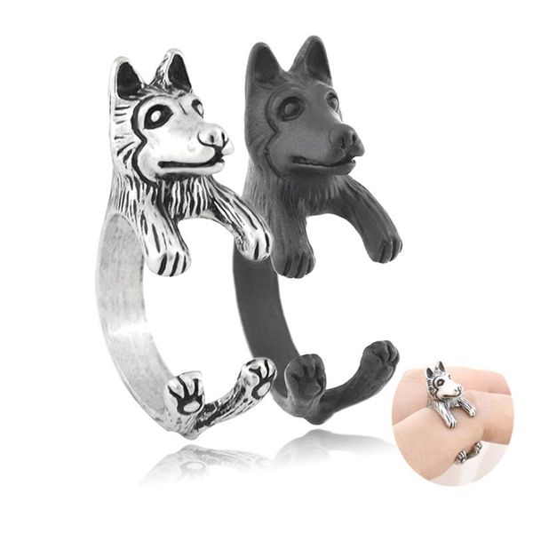 

cluster rings cute siberian husky & alaskan malamute dog shape wrap finger ring for women girls kids gift pet lover jewelry couple, Golden;silver