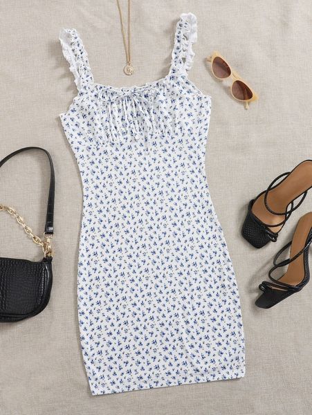 

plus frilled strap ruched bust ditsy floral bodycon dress r0se#, Black