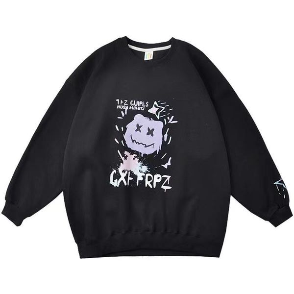 

men's hoodies & sweatshirts youth sweater hip-hop loose wild autumn and winter 2021 trend tide brand cartoon printing o-neck couple pu, Black