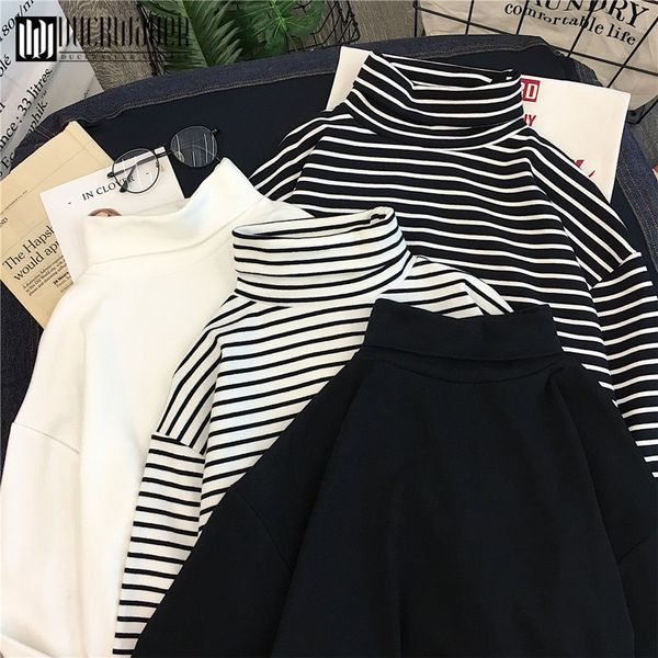 

autumn fashion women causal solid loose stripe long sleeve kitted turtleneck t-shirts lady girls basic tee t shirts 210317, White