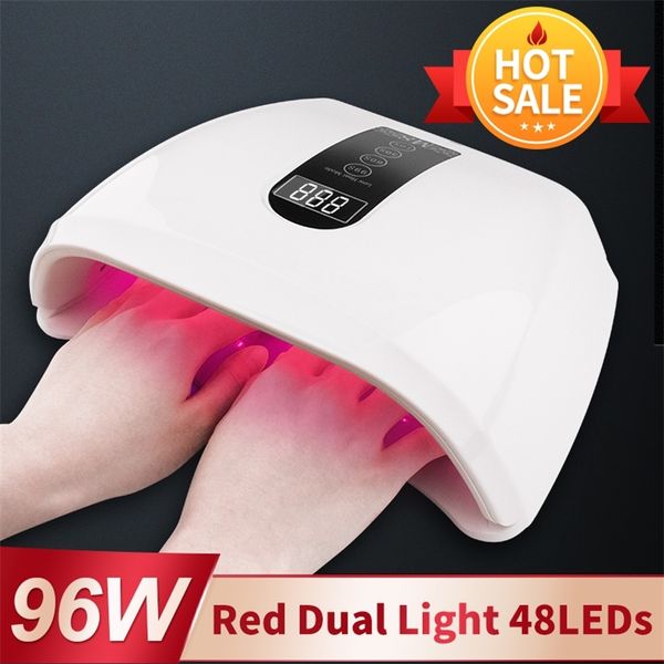 Alta potência 96W luz vermelha LED lâmpada de unha gel de duas mãos lâmpada UV manicure máquina secadora de esmalte para secagem rápida todo o gel polonês 210320