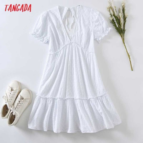 

tangada women embroidery romantic white cotton dress v neck short sleeve females mini dresses vestidos 6h96 210609, Black;gray