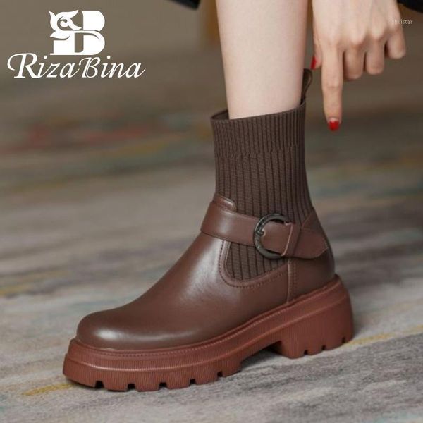 

boots rizabina real leather ankle fashion buckle platform high heel winter shoes woman warm short boot lady footwear size 35-401, Black