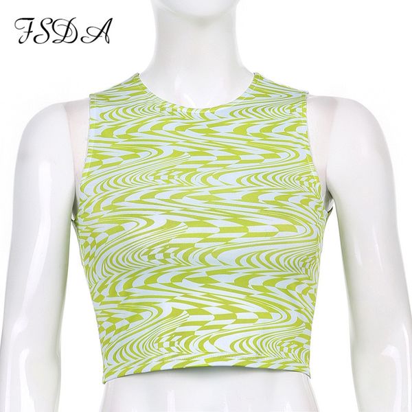 

2021 y2k print sleeveless crop women off shoulder green casual summer vintage yellow tank fashionhigh quality, White