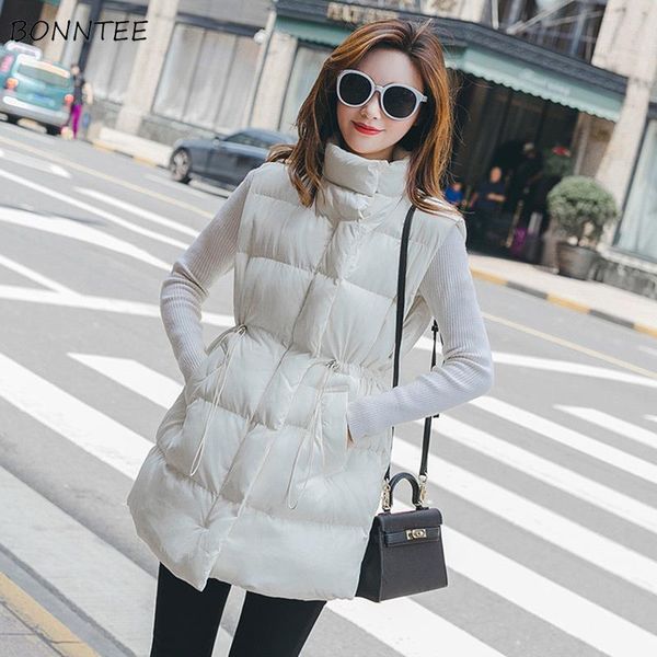 

women's vests vest women winter mid-long korean style female tie waist slim womens clothes sleeveless pure color comfortable chic, Black;white