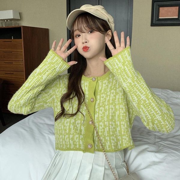 

women's knits & tees korea style women vintage knitted loose long sleeve casual single-breasted button color check plaid knitting crop, White