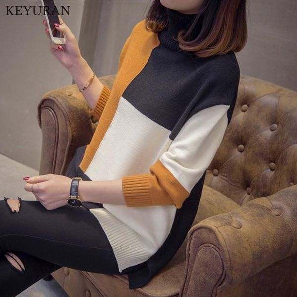 

women's sweaters plus size 4xl women autumn turtleneck loose sweater colorblock long sleeve knitted multicolor with splicing, White;black