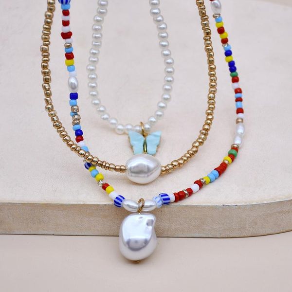 

pendant necklaces fashion trend butterfly pearl color beaded stacked necklace three-piece set, Silver