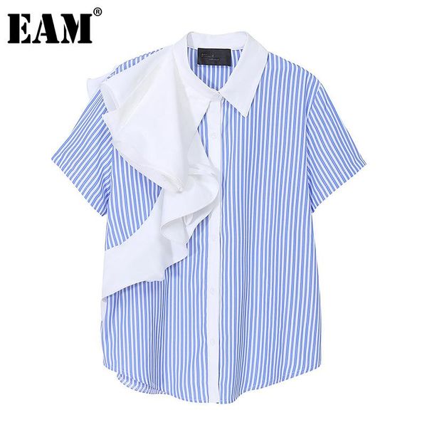 

women's blouses & shirts [eam] women blue striped big size ruffle blouse lapel short sleeve loose fit shirt fashion tide spring summer, White