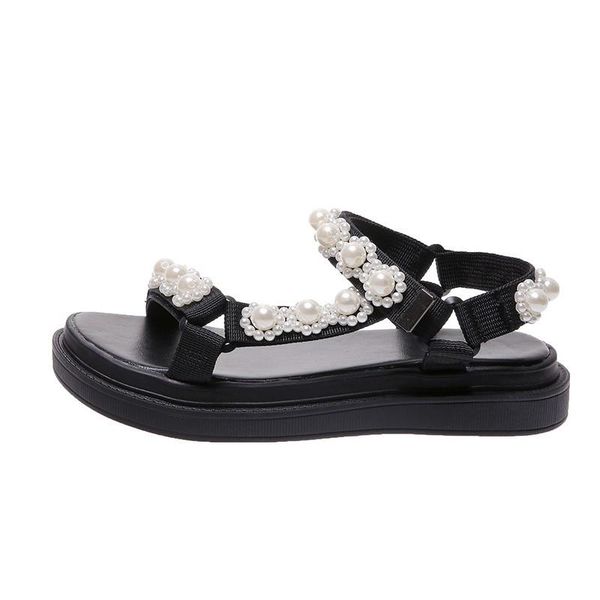 

summer women's sandals fashion all-match simple shoe upper pearl embellishment sweet and cute casual women, Black