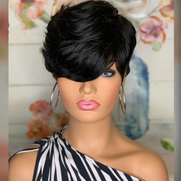 

Pixie Short Cut Human Hair Wavy Wig Natural Black Color Glueless Wigs Brazilian Remy For Women Full Machine Made, Wig cap