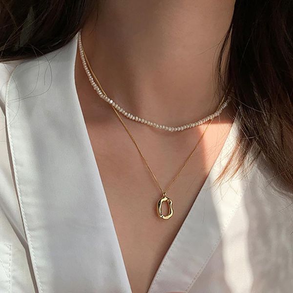 

chains fashion vintage white rice bead multilayer choker necklace for women gold color irregular geometric thin chain pendant necklaces, Silver
