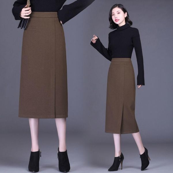 

skirts 2021 women autumn winter elegant woolen faldas lady solid high waist a-line split skirt female casual loose oversize g225, Black