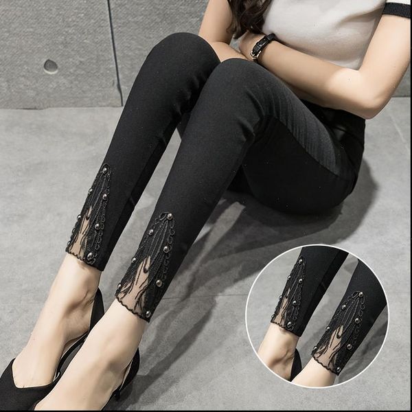 

womens pant women pencil pants spring autumn black high waist stretch plus size 6xl skinny casual lace pantalones mujer moda, Black;white