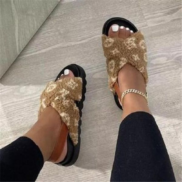 

sandals furry slides women home slippers winter warm shoes slip on flats female cross fur ladies thick bottom, Black