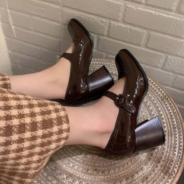 

women high heels mary janes shoes patent leather dress shoe square heel pumps ol office lady shoe square toe zapatos mujer 9054n, Black