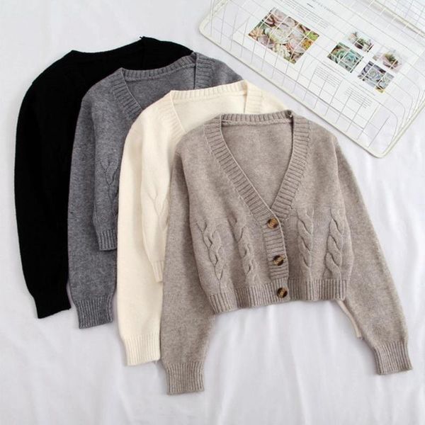 

women's knits & tees women autumn winter short high waist solid color sweater single-breasted knit cardigan sweter jacket top, White