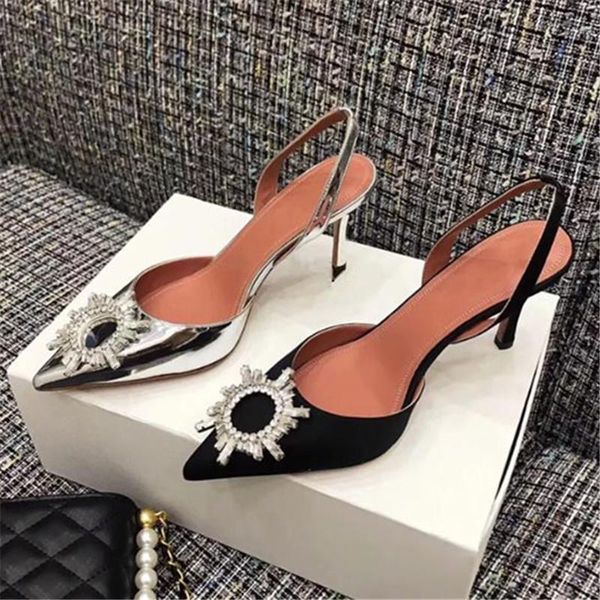 

black begum satin sandalias crystal buckle shoes woman slingbacks gladiator sandals women pumps pointed toe high heels wedding