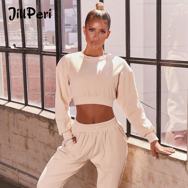 

jillperi ribbed croped sweatshirt and full length cuffed joggers 2 piece set soft cotton winter fall sweatsuits for women, Black;white