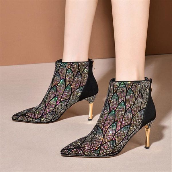 

boots pxelena handmade luxury women crystal stiletto thin high heels ankle back zip bling shiny dress evening date shoes, Black