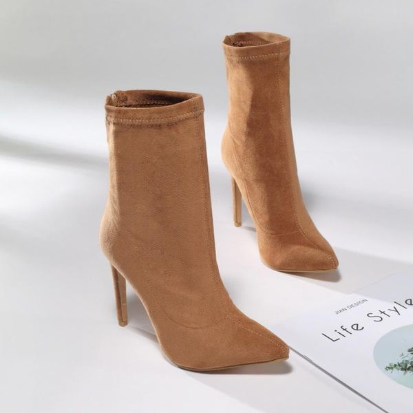 

boots 10.5cm stiletto women shoes zip stretch fabric female botas pointed toe mid-calf socks thin high heel elastic, Black