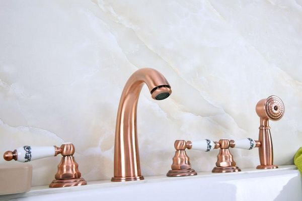 

bathroom sink faucets antique red copper brass widespread deck-mounted tub 5 holes three handles basin faucet tap hand spray mtf234