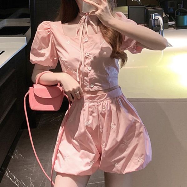 

women's tracksuits sweet shorts suits embroidered small floral square collar cute bud-sleeve shirt loose ensembles femme 2021 two piece, Gray