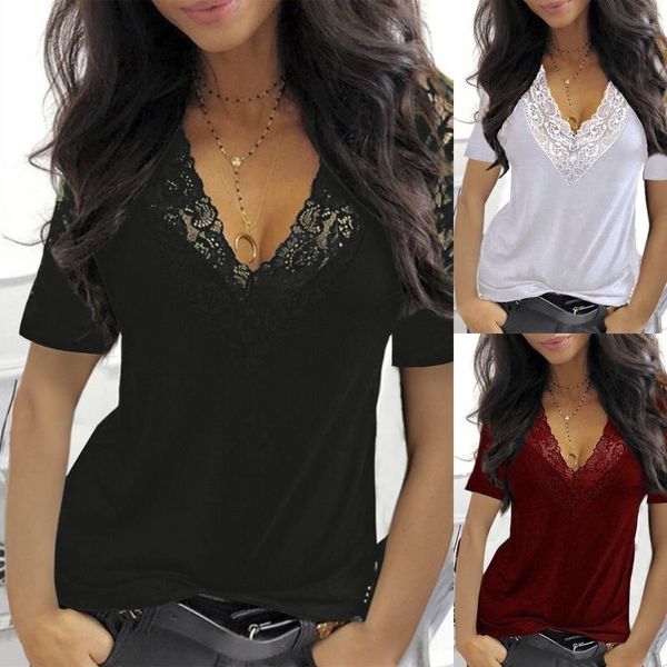 

women's t-shirt summer slim lace stitching 2021 fashion loose solid color v-neck splice short sleeve top, White