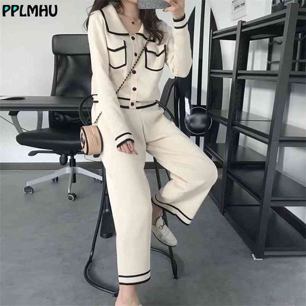 

fashion striped knitted two piece suit women elegant single breasted long sleeve and knit wide leg pant korean 210522, White